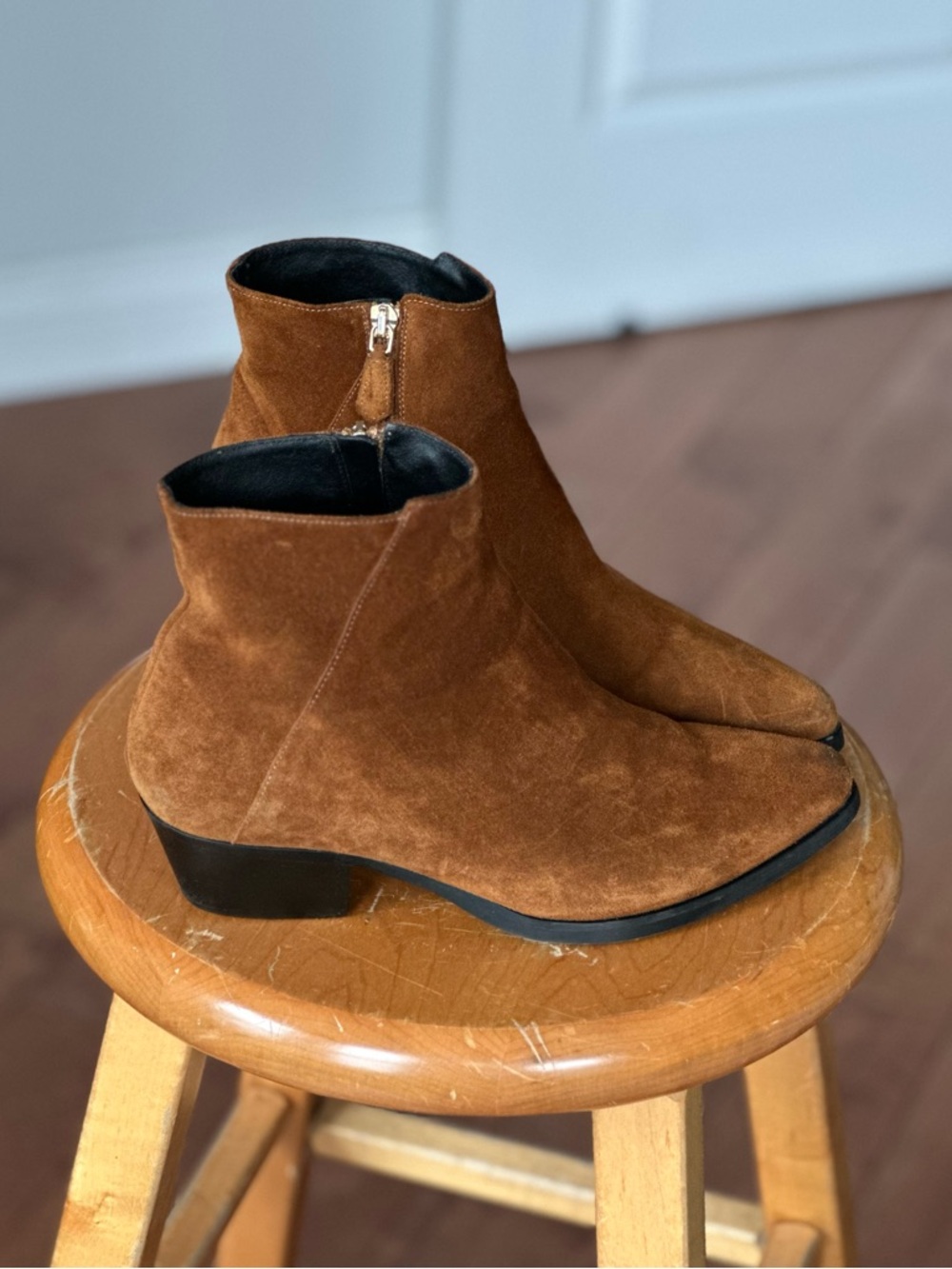 Brown Cognac Suede Ankle Boots Womens Size 7 Western Booties Low Heel